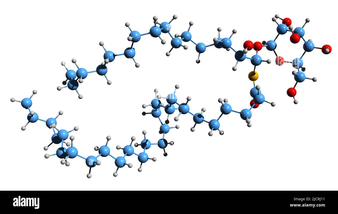3D Bild der Skelettformel von Alpha-Galactosylceramid - molekularchemische Struktur von synthetischem Glycolipid isoliert auf weißem Hintergrund Stockfoto
