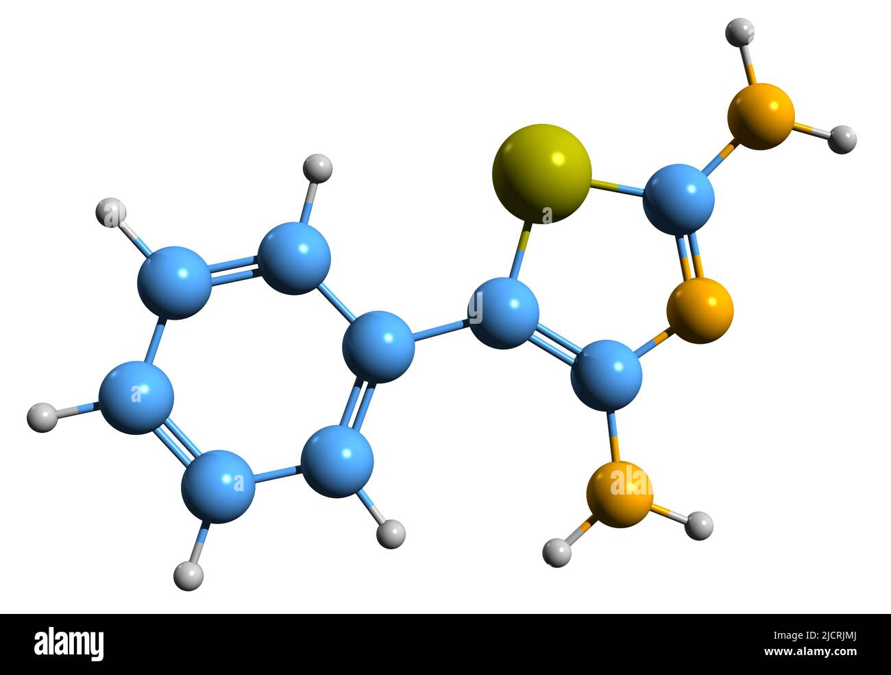 3D Bild der Skelettformel von Amiphenazol - molekularchemische Struktur des respiratorischen Stimulans isoliert auf weißem Hintergrund Stockfoto