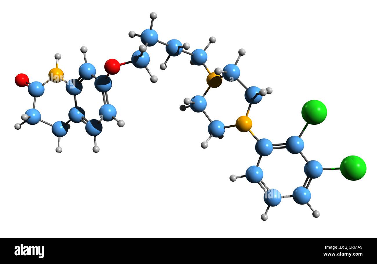 3D Bild der Skelettformel von Aripiprazol - molekulare chemische Struktur von atypischen antipsychotischen, auf weißem Hintergrund isolierten Substanzen Stockfoto