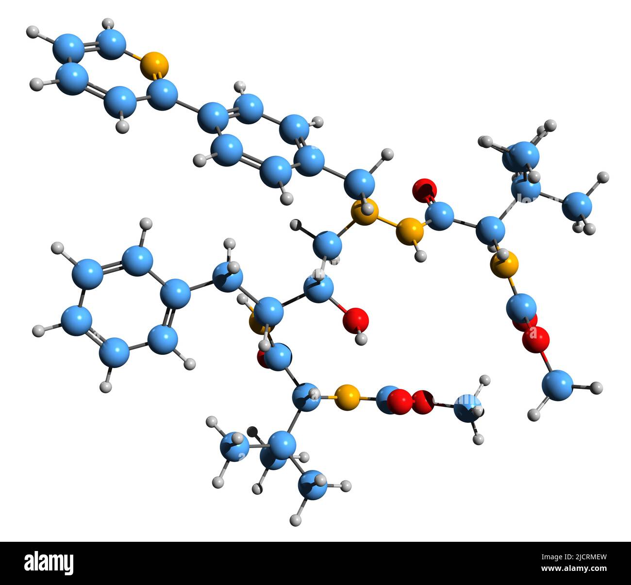 3D Bild der Skelettformel von Atazanavir - molekulare chemische Struktur antiretroviraler Medikamente auf weißem Hintergrund isoliert Stockfoto
