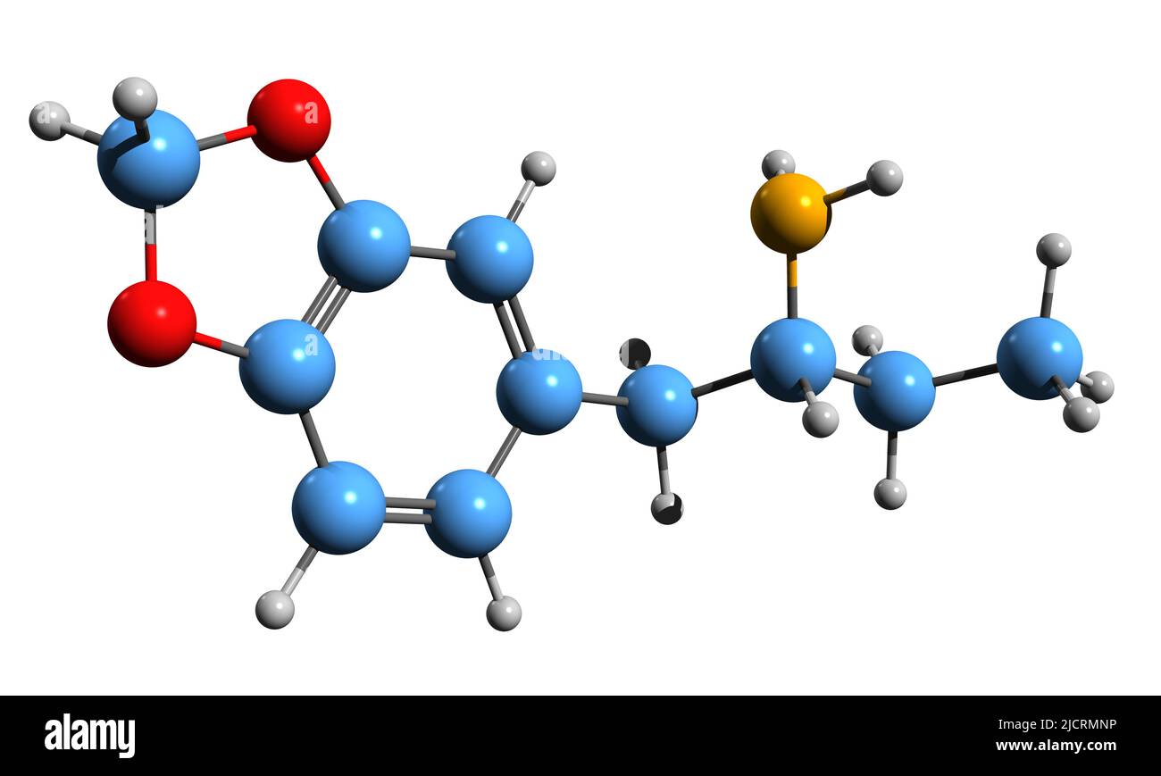 3D Bild der Skelettformel von BDB - molekularchemische Struktur von Amphetamin auf weißem Hintergrund isoliert Stockfoto