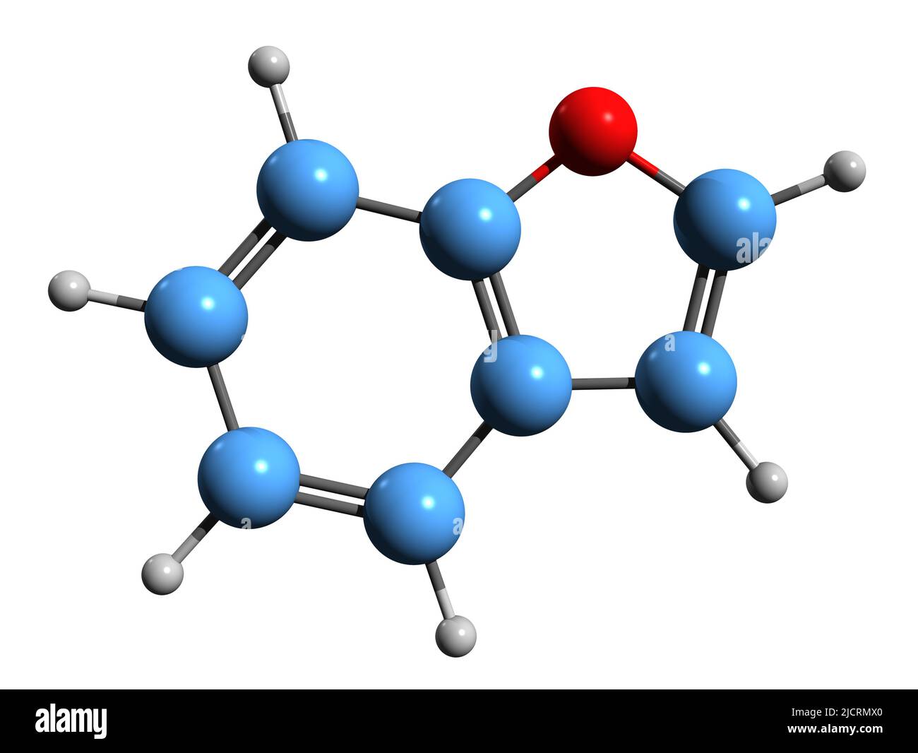 3D Bild der Benzofuran-Skelettformel - molekulare chemische Struktur der heterozyklischen Verbindung isoliert auf weißem Hintergrund Stockfoto