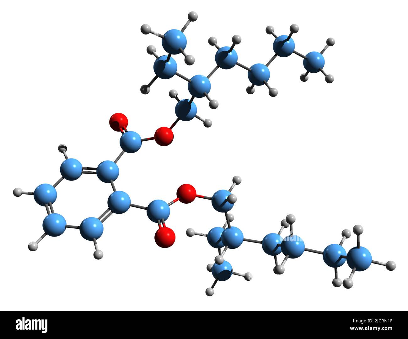 3D Aufnahme der Skelettformel von bis 2-ethylhexylphthalat - molekularchemische Struktur von DEHP isoliert auf weißem Hintergrund Stockfoto