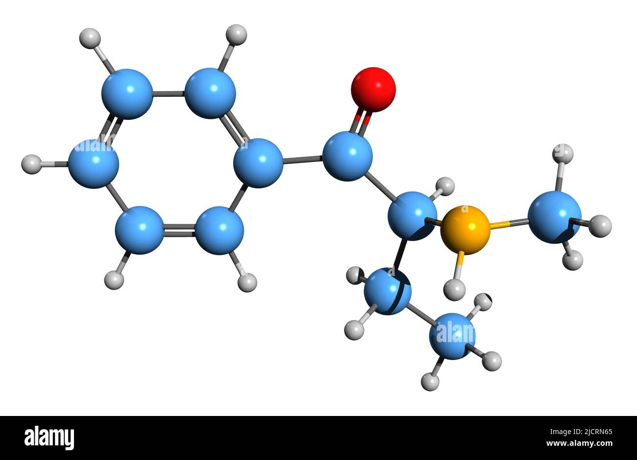3D Bild der Skelettformel von Buphedrone - molekulare chemische Struktur des Stimulans MABP isoliert auf weißem Hintergrund Stockfoto