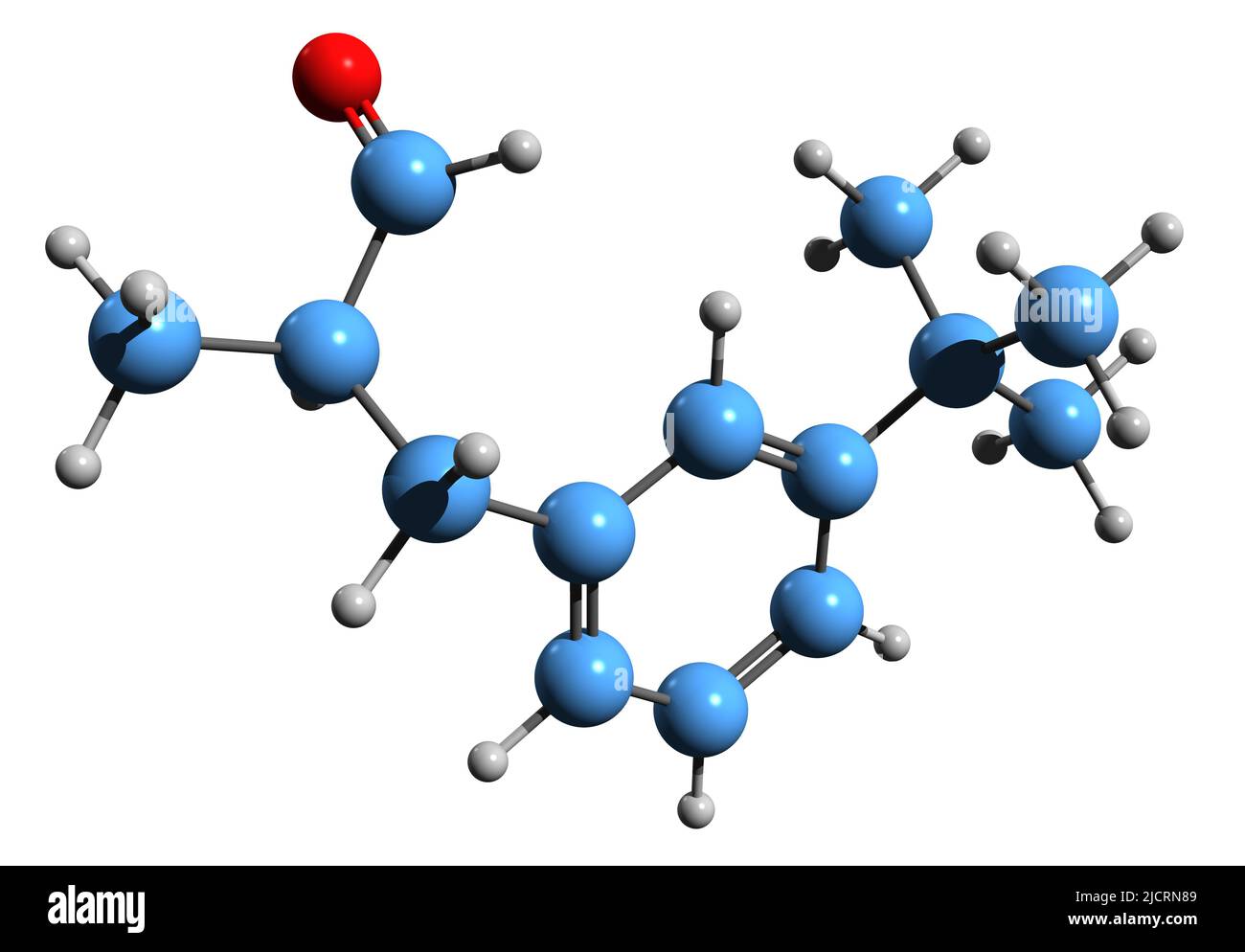 3D Aufnahme von Butylphenyl methylpropionale Skelettformel - molekularchemische Struktur von BMHCA isoliert auf weißem Hintergrund Stockfoto