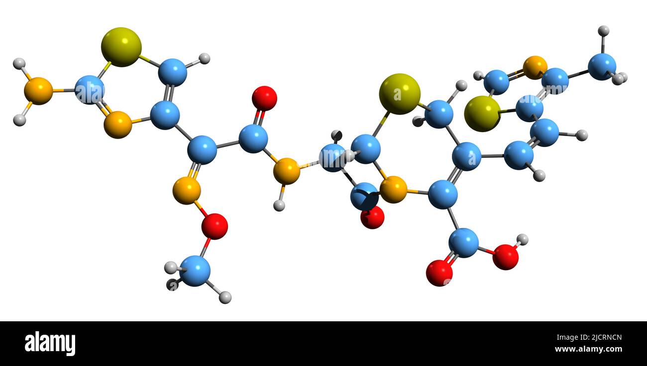 3D Bild der Skelettformel von Cefditoren - molekulare chemische Struktur von Cefditoren pivoxil auf weißem Hintergrund isoliert Stockfoto