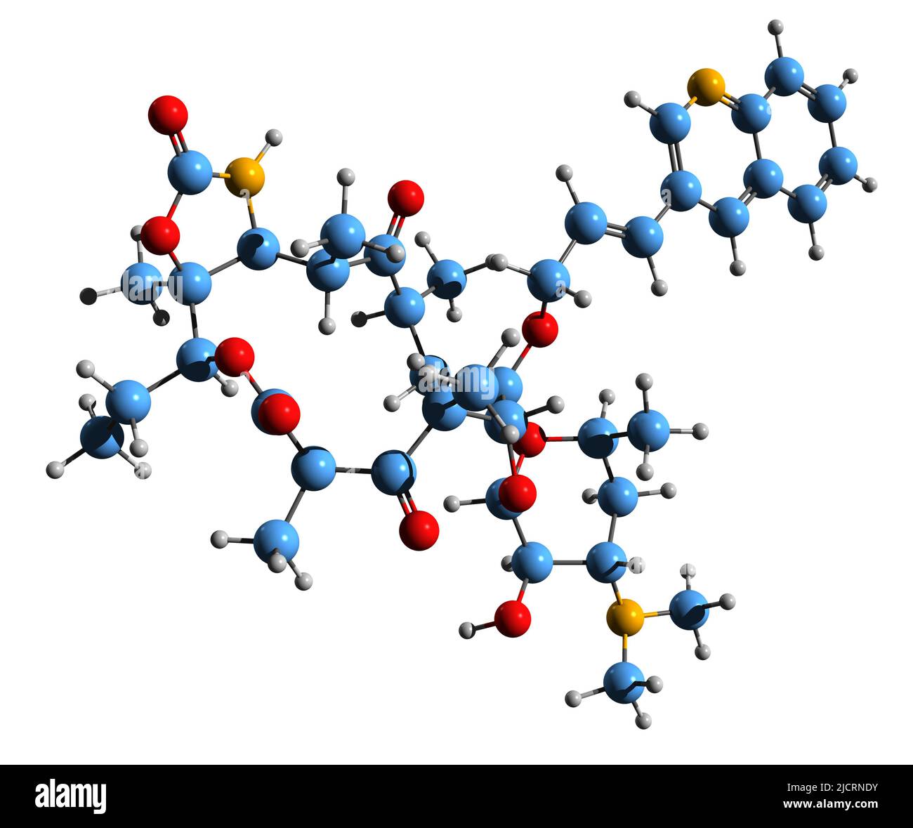 3D Bild der Skelettformel von Cethromycin - molekulare chemische Struktur des Ketolid-Antibiotikums, isoliert auf weißem Hintergrund Stockfoto