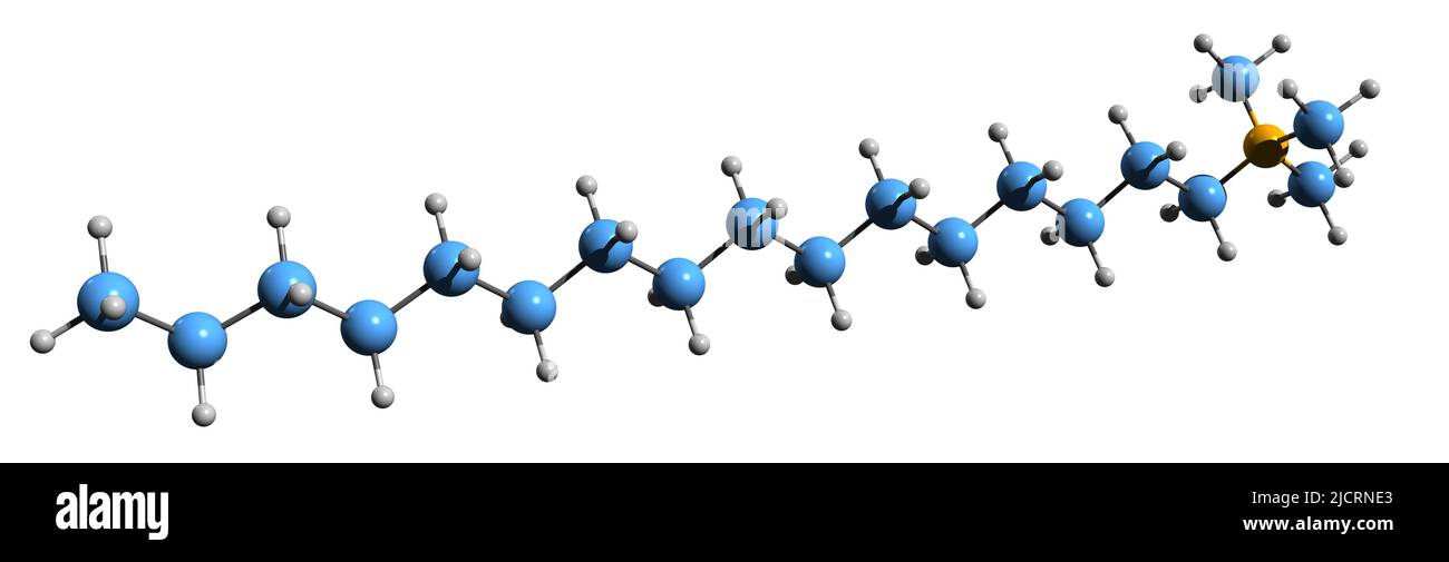 3D Bild der Skelettformel von Cetrimonuimchlorid - molekulare chemische Struktur von Cetyltrimethylammoniumchlorid isoliert auf weißem Hintergrund Stockfoto