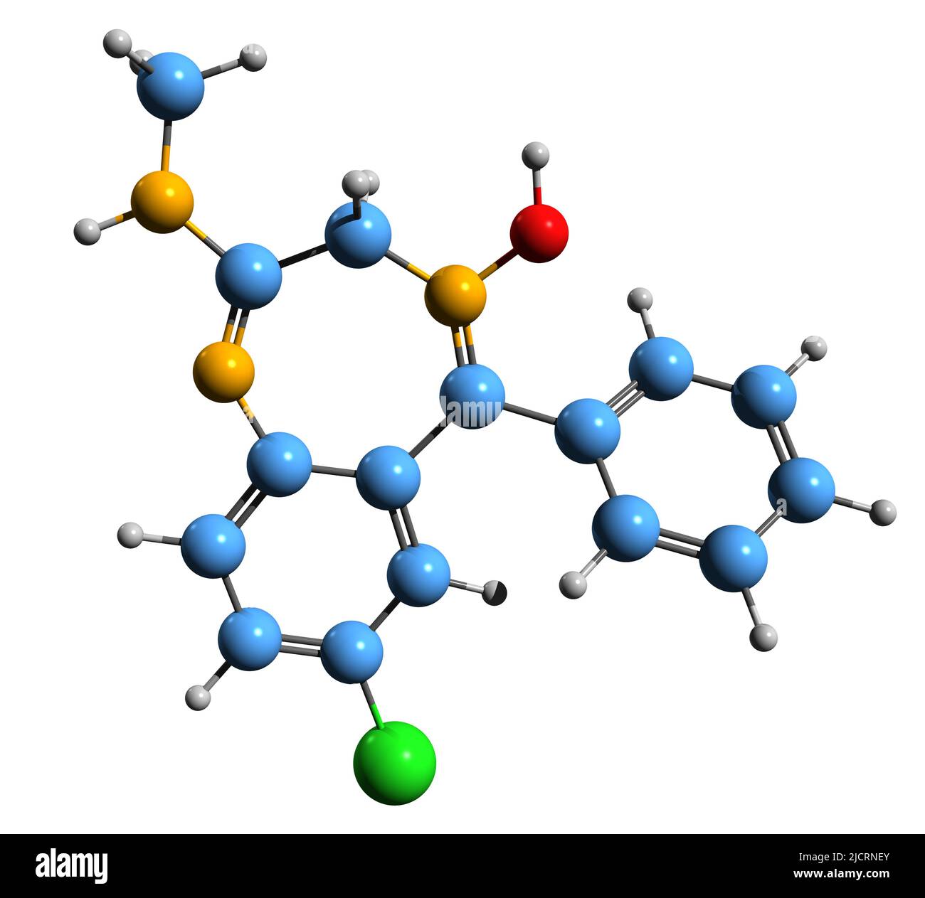 3D Abbildung der Skelettformel von Chlordiazepoxid - molekularchemische Struktur sedativer und hypnotischer Medikamente auf weißem Hintergrund isoliert Stockfoto