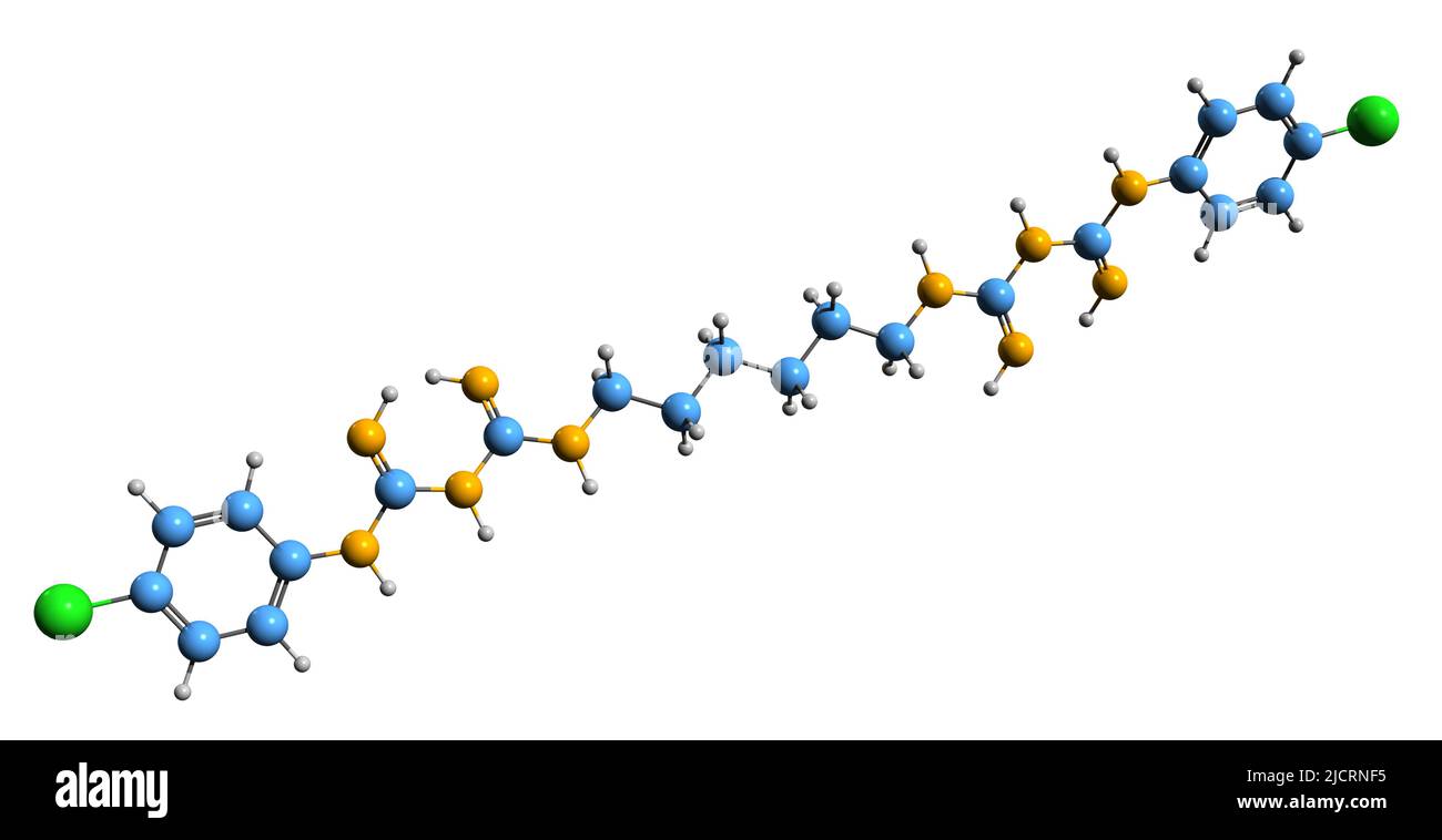 3D Bild der Skelettformel von Chlorhexidin - molekularchemische Struktur von CHX auf weißem Hintergrund isoliert Stockfoto