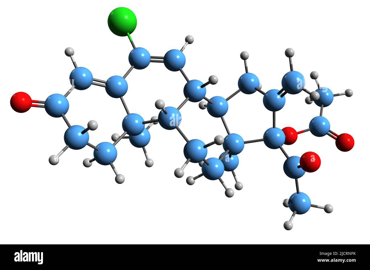 3D Aufnahme der Skelettformel von Chlormethenmadinon-Acetat - molekularchemische Struktur von CMMA auf weißem Hintergrund isoliert Stockfoto