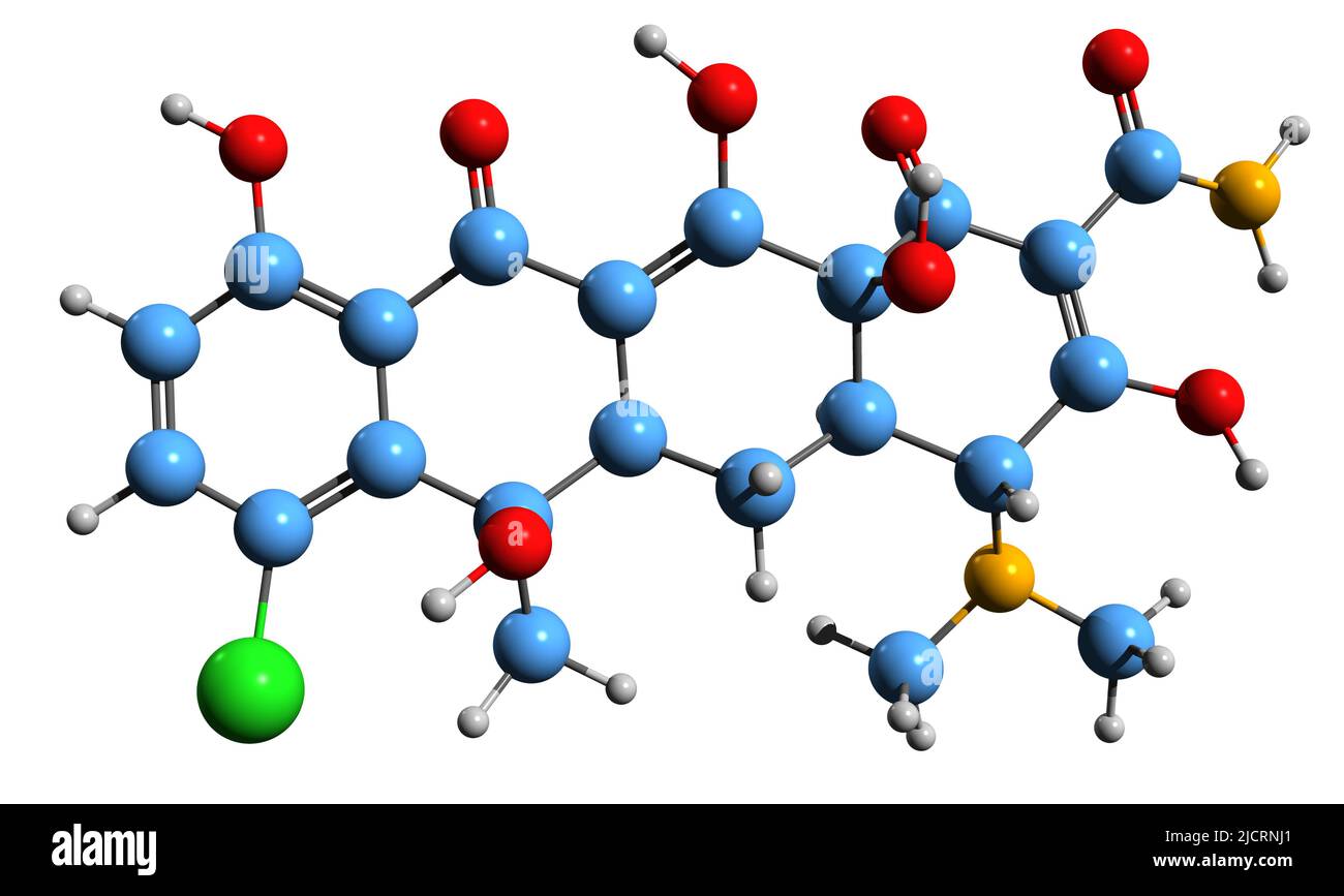 3D Bild der Skelettformel von Chlortetracyclin - molekularchemische Struktur des tetracyclinischen Antibiotikums, isoliert auf weißem Hintergrund Stockfoto
