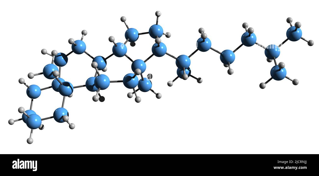 3D Bild der Cholestan-Skelettformel - molekularchemische Struktur von tetrazyklischen Triterpene isoliert auf weißem Hintergrund Stockfoto