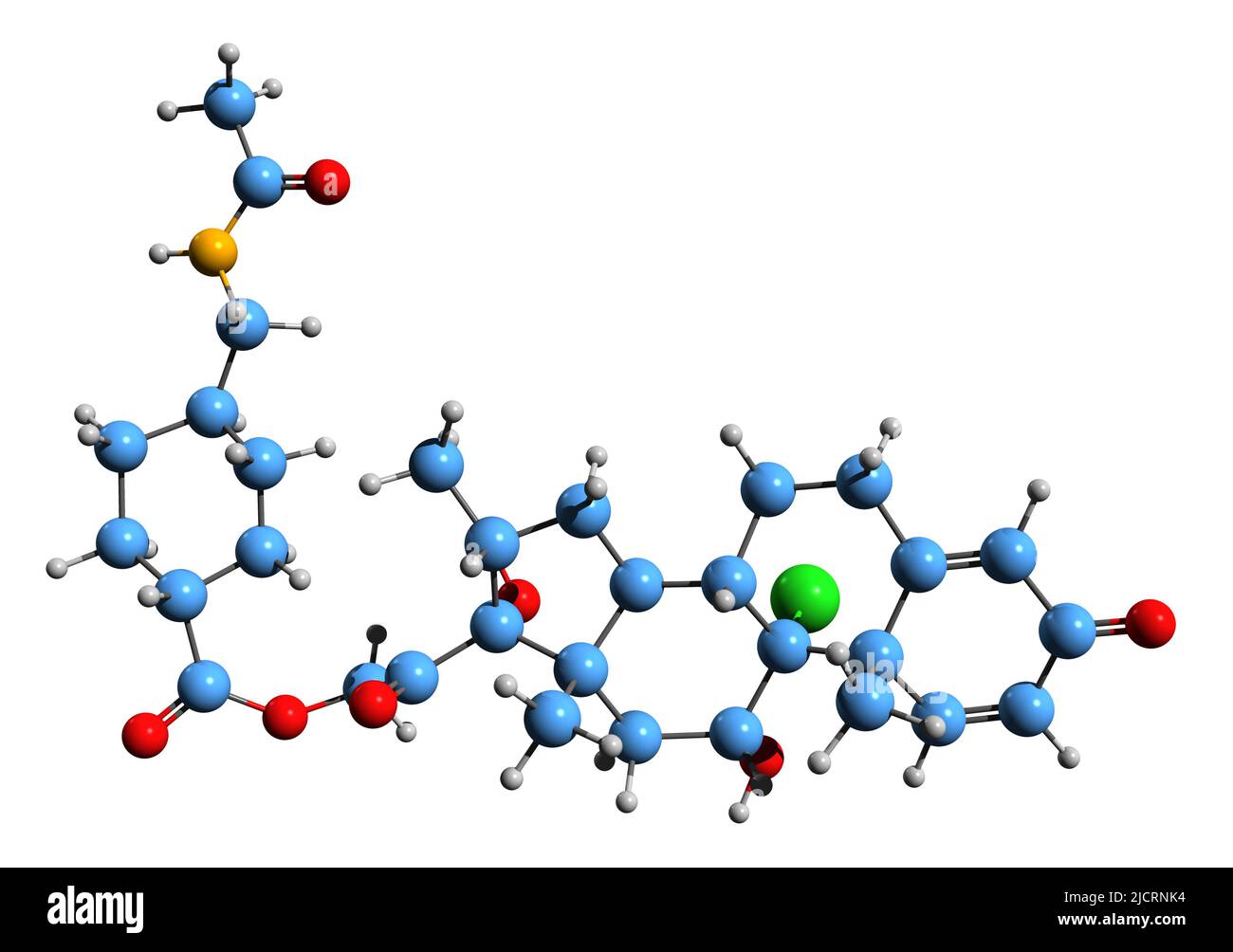 3D Bild der Skelettformel von Ciclometasone - molekulare chemische Struktur eines synthetischen Glukokortikoids, isoliert auf weißem Hintergrund Stockfoto