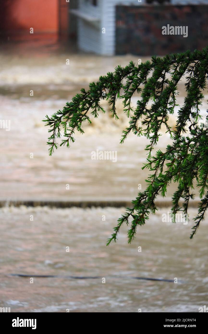 Die Straße ist nach starkem Regen mit schmutzigem Hochwasser bedeckt Stockfoto