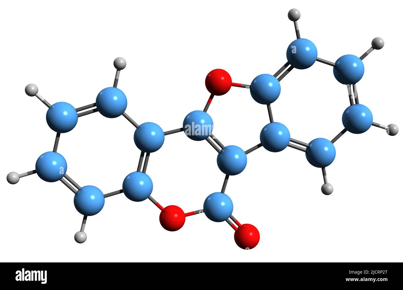 3D Bild der Skelettformel von Coumestan - molekularchemische Struktur der heterocyclischen organischen Verbindung isoliert auf weißem Hintergrund Stockfoto