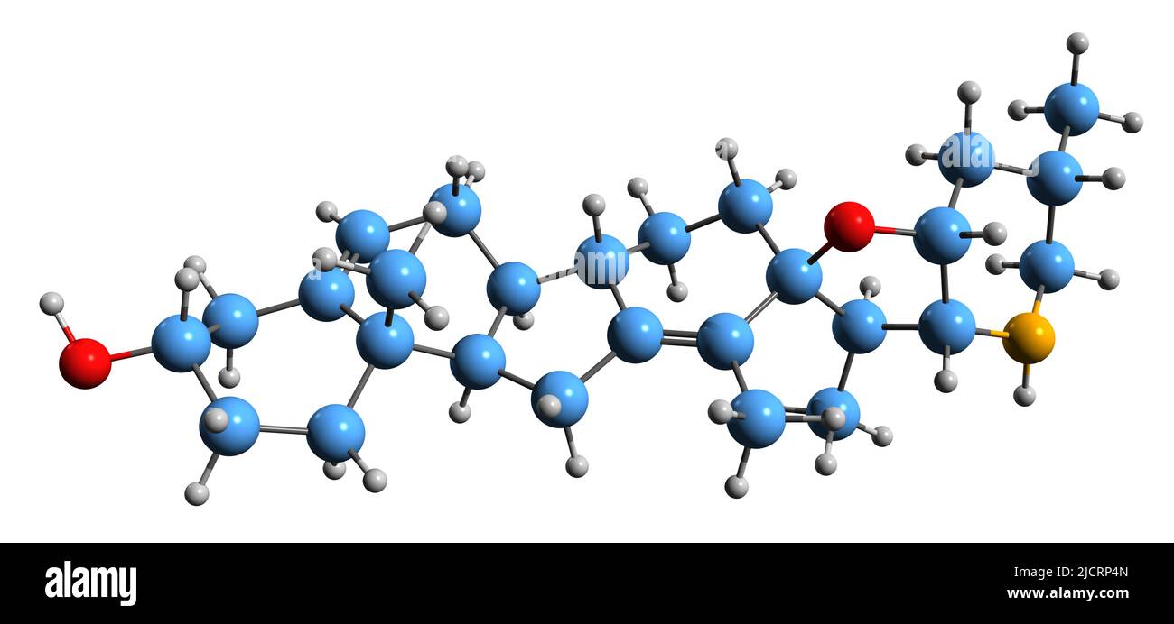 3D Bild der Cyclopamin-Skelettformel - molekularchemische Struktur des steroidalen Alkaloids auf weißem Hintergrund isoliert Stockfoto