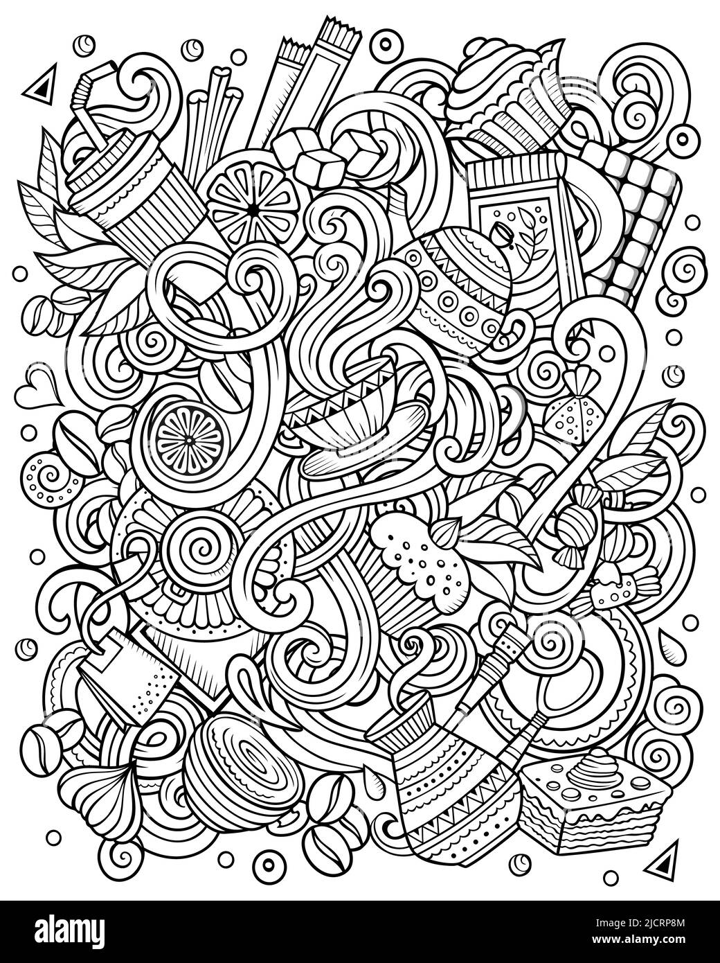 Cafe lustige handgezeichnete Raster Kritzeleien Illustration. Stockfoto