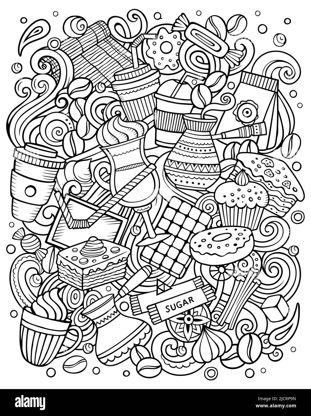 Cartoon raster doodles Coffee House lustige Illustration Stockfoto