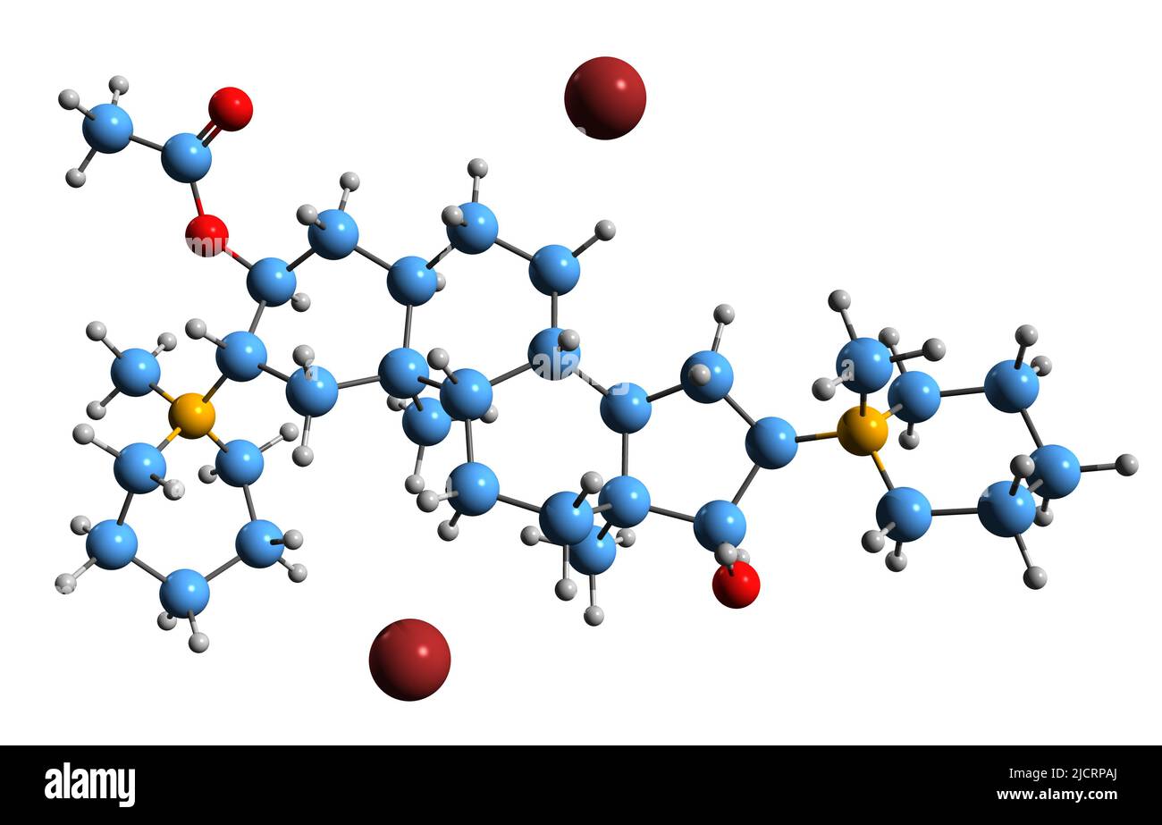 3D Aufnahme der Skelettformel von Dacuronium-Bromid - molekularchemische Struktur des auf weißem Hintergrund isolierten AminoSteroids Stockfoto