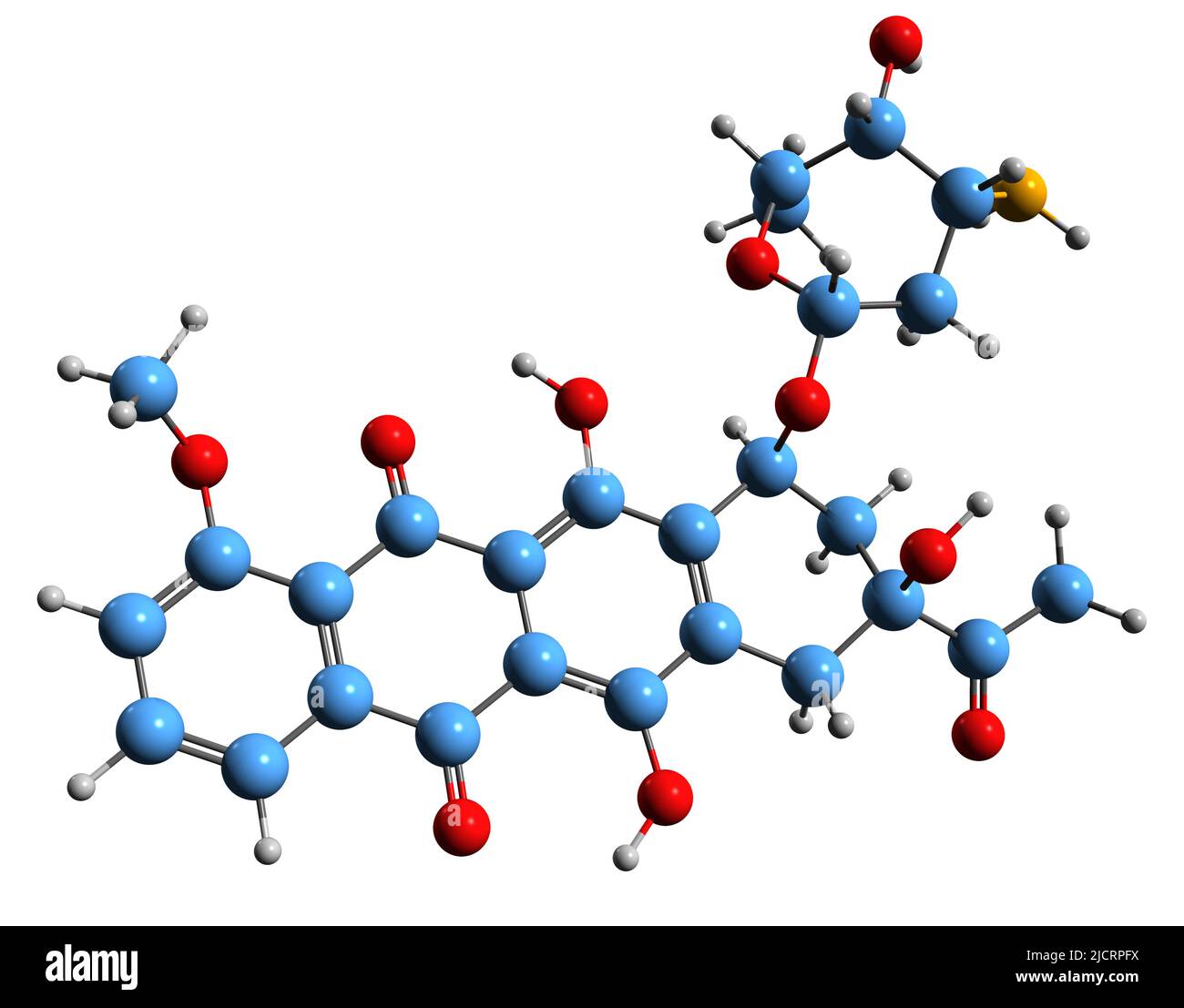 3D Bild der Skelettformel von Daunorubicin - molekulare chemische Struktur von Daunomycin auf weißem Hintergrund isoliert Stockfoto