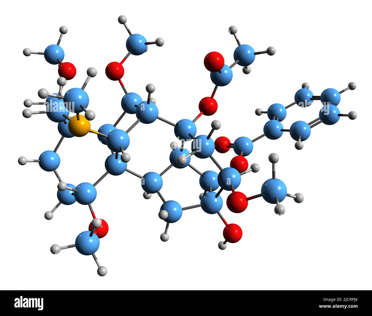 3D Bild der Delphinine Skelettformel - molekularchemische Struktur des toxischen Ditterpenoidalkaloids auf weißem Hintergrund isoliert Stockfoto