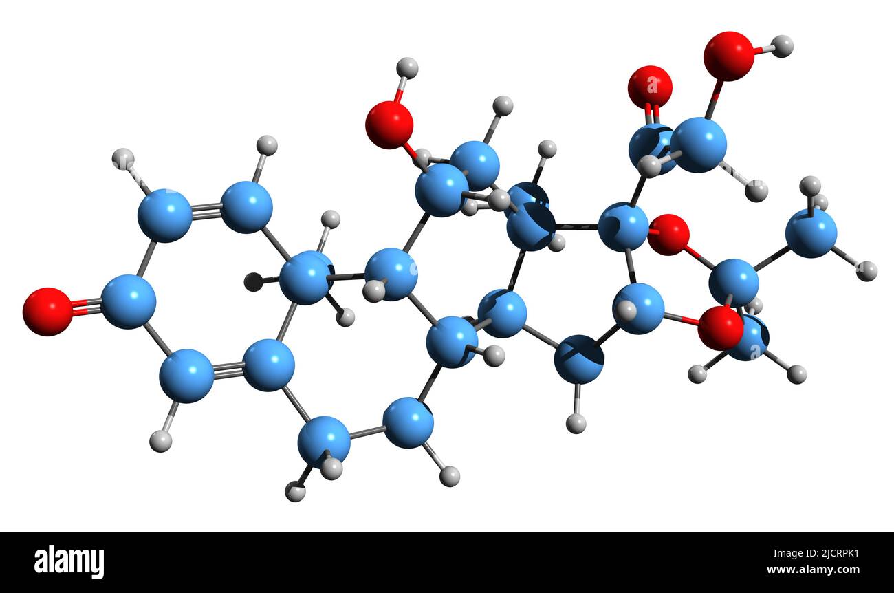 3D Bild der Skelettformel von Desonide - molekularchemische Struktur des Kortikosteroids auf weißem Hintergrund isoliert Stockfoto