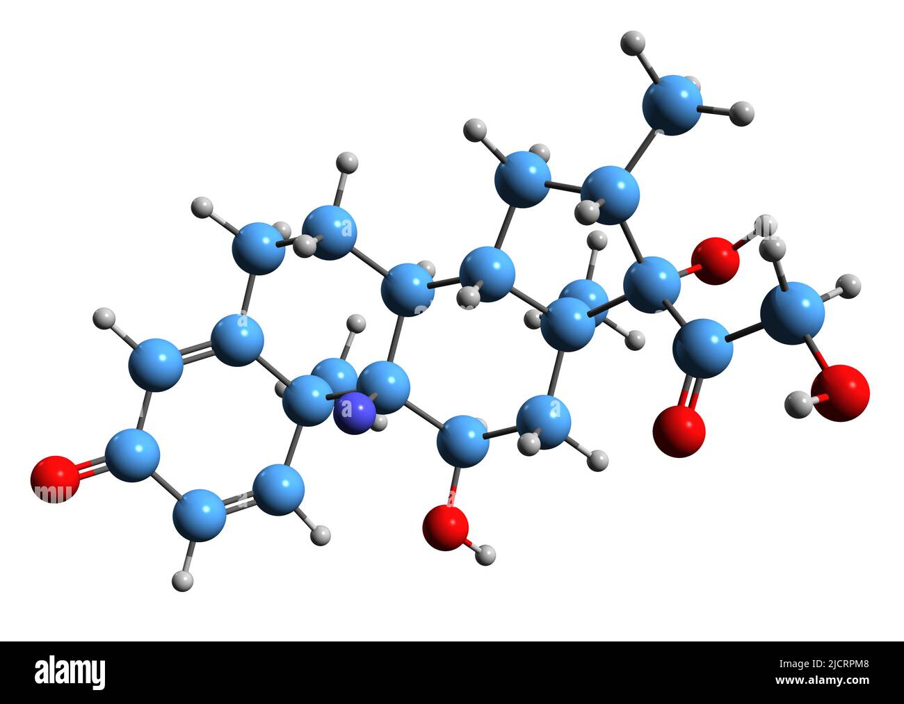 3D Bild der Skelettformel von Dexamethason - molekulare chemische Struktur von Glukokortikoid-Medikamenten isoliert auf weißem Hintergrund Stockfoto