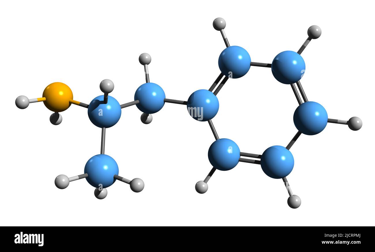 3D Bild der Skelettformel von Dextroamphetamin - molekulare chemische Struktur des Stimulans isoliert auf weißem Hintergrund Stockfoto