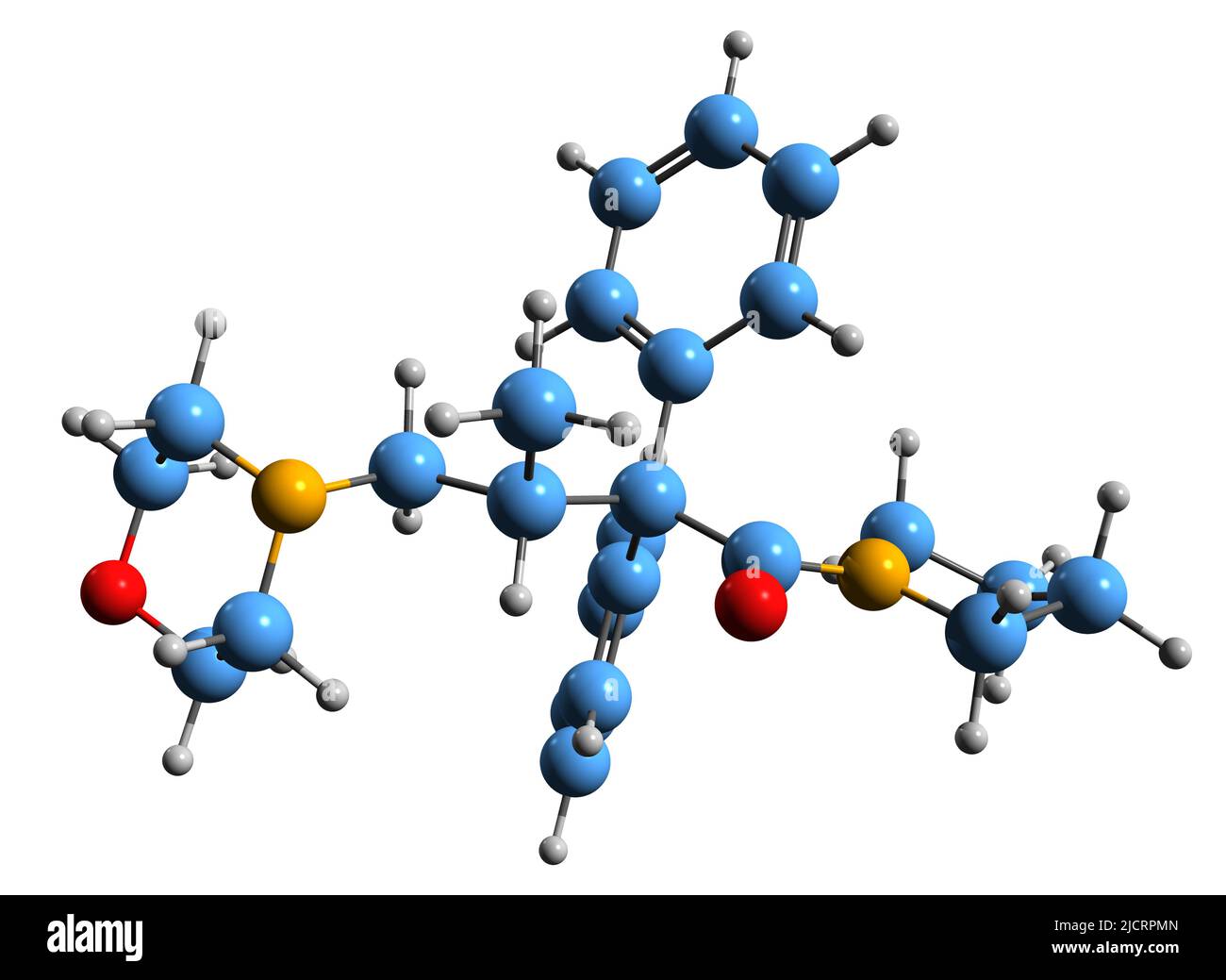3D Aufnahme der Skelettformel von Dextromoramid - molekulare chemische Struktur des Opioid-Analgetikums, isoliert auf weißem Hintergrund Stockfoto