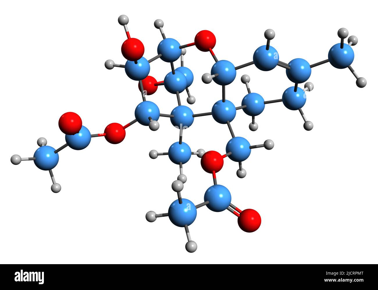 3D Aufnahme der Skelettformel von Diacetoxyskirpenol - molekulare chemische Struktur von Mykotoxin das auf weißem Hintergrund isoliert Stockfoto