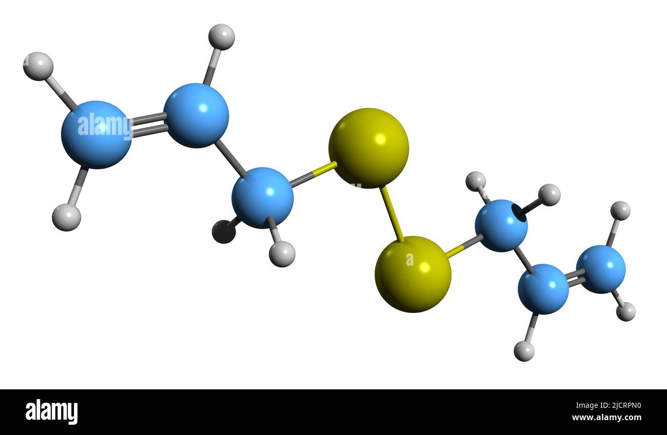 3D Aufnahme der Diallyl-Disulfid-Skelettformel - molekularchemische Struktur von VÄTER, isoliert auf weißem Hintergrund Stockfoto