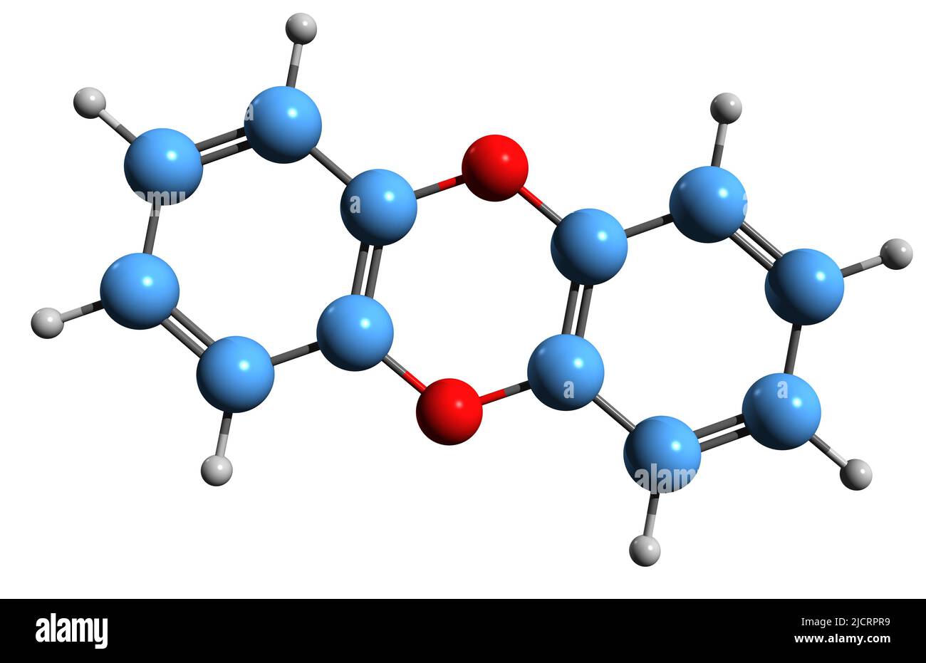 3D Bild der Skelettformel von Dibenzodioxin - molekulare chemische Struktur von polyzyklischen heterocyclischen organischen, isoliert auf weißem Hintergrund Stockfoto