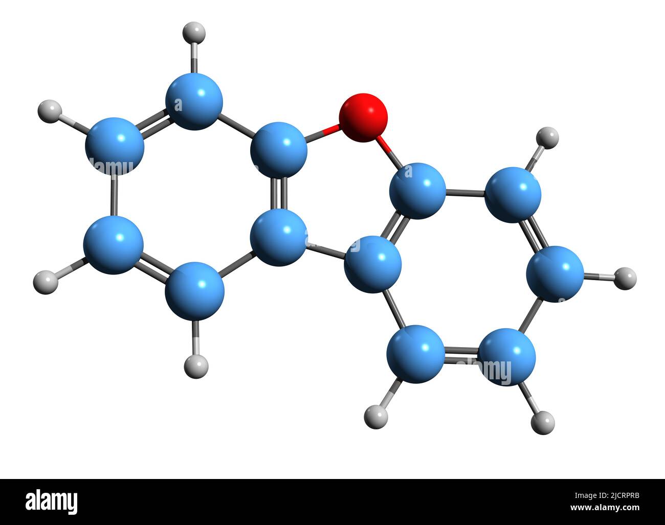 3D Bild der Dibenzofuran-Skelettformel - molekulare chemische Struktur der heterozyklischen organischen Verbindung, isoliert auf weißem Hintergrund Stockfoto