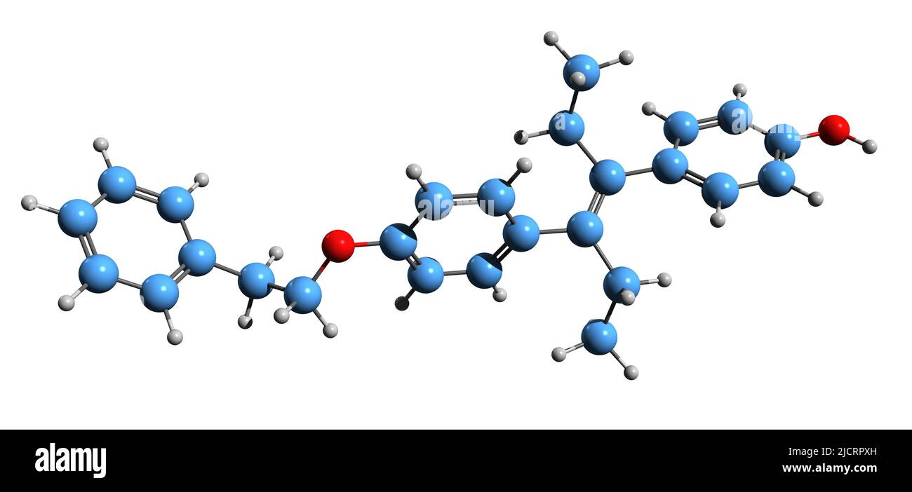 3D Bild der Skelettformel des Diethylstilbestrol-Monobenzylethers - molekularchemische Struktur von nicht-steroidalem Östrogen, isoliert auf weißem Hintergrund Stockfoto