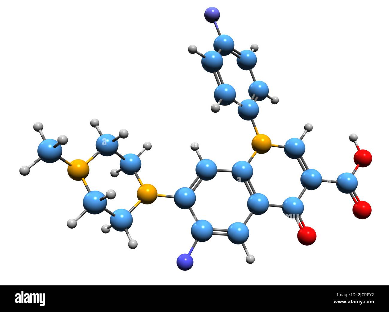 3D Bild der Difloxacin-Skelettformel - molekulare chemische Struktur des Fluorchinolon-Antibiotikums, isoliert auf weißem Hintergrund Stockfoto