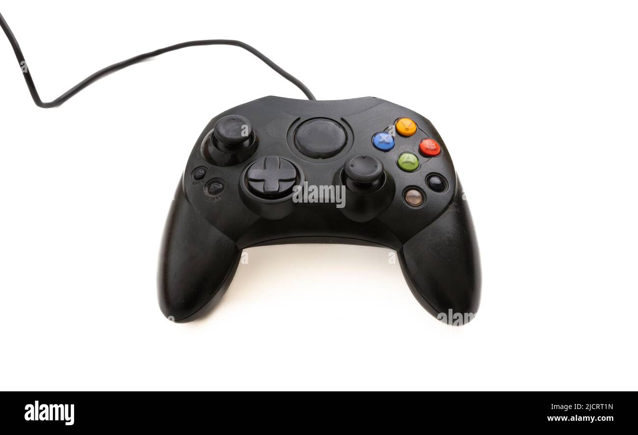 Game Controller auf weißem Hintergrund isoliert. Overhead-Videospielkonsole, schwarze Farbe Stockfoto