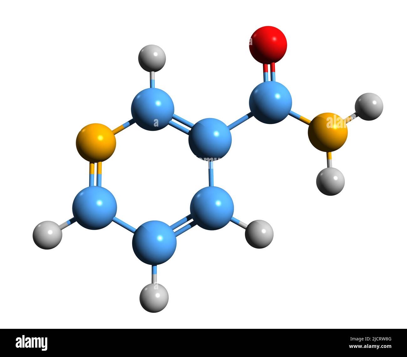 3D Bild der Nikotinamid-Skelettformel - molekularchemische Struktur von Vitamin B3 oder Niacinamid isoliert auf weißem Hintergrund, Stockfoto
