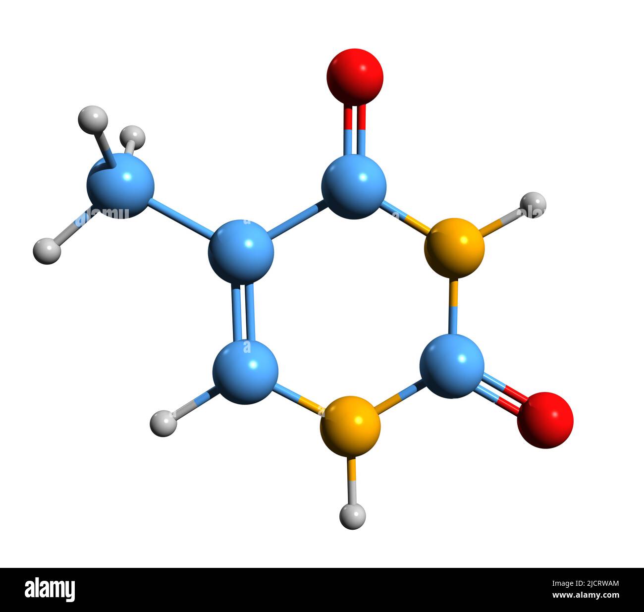 3D Aufnahme der Thymin-Skelettformel - molekulare chemische Struktur von 5-Methyluracil isoliert auf weißem Hintergrund, Stockfoto
