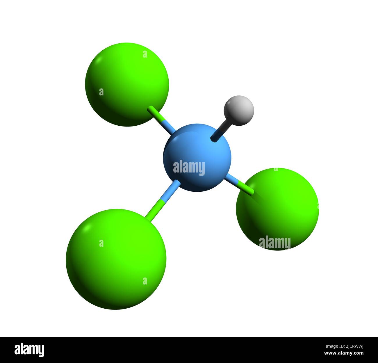3D Bild der Skelettformel von Chloroform - molekularchemische Struktur von Methan-Trichlorid auf weißem Hintergrund isoliert Stockfoto
