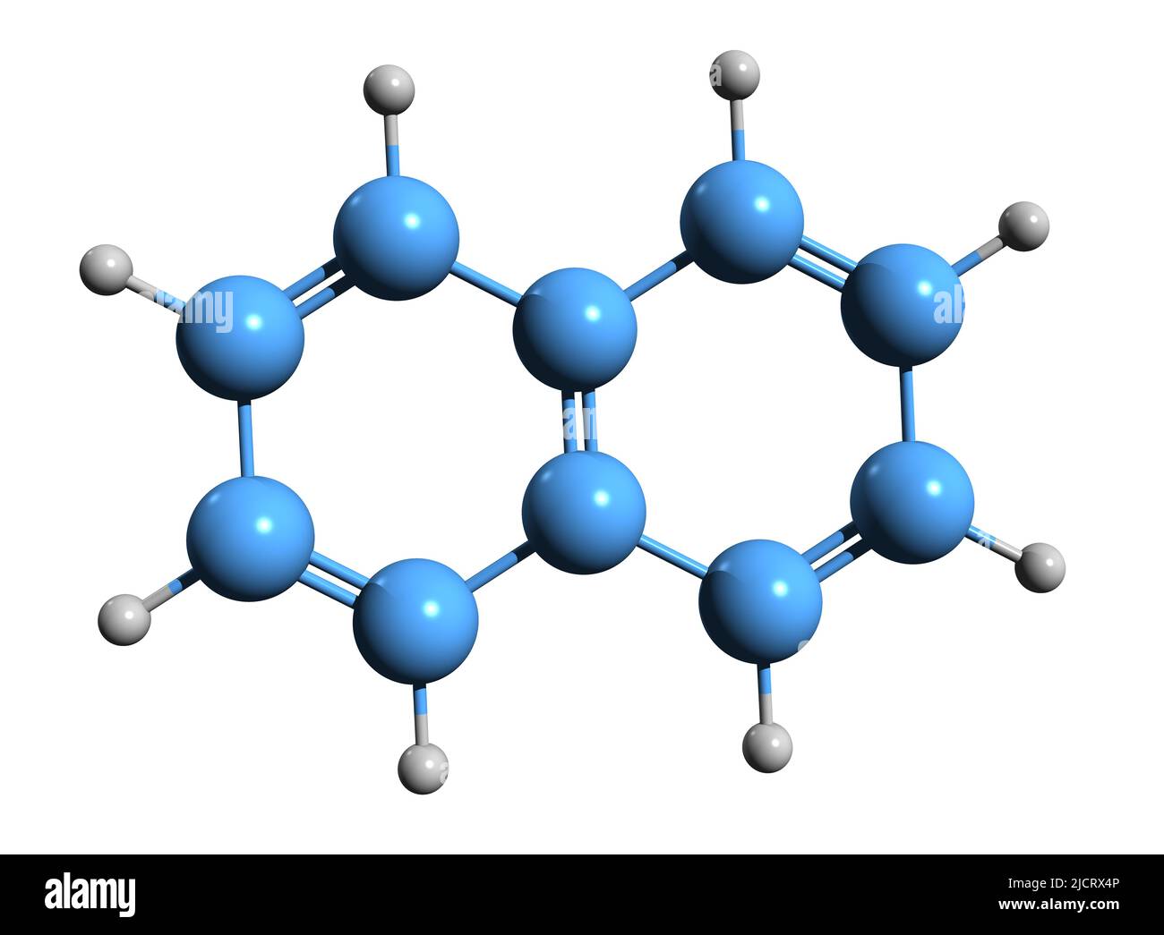 3D Bild der Naphthalin-Skelettformel - molekularchemische Struktur von weißem Teer isoliert auf weißem Hintergrund Stockfoto