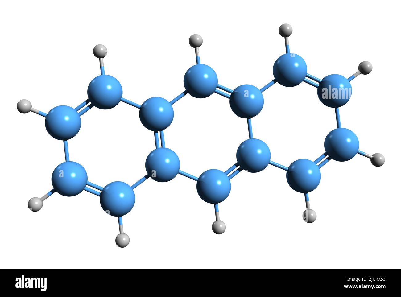 3D Bild der Milzbrand-Skelettformel - molekularchemische Struktur des polyzyklischen aromatischen Kohlenwasserstoffs C14H10 auf weißem Hintergrund isoliert Stockfoto