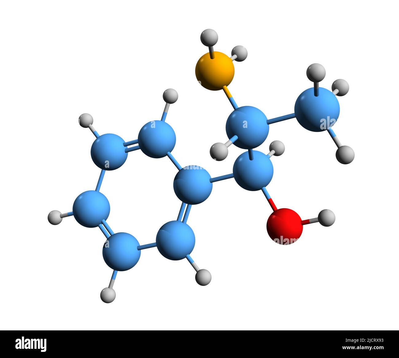 3D Bild der Skelettformel von Norephedrin - molekulare chemische Struktur von Phenylpropanolamin isoliert auf weißem Hintergrund Stockfoto