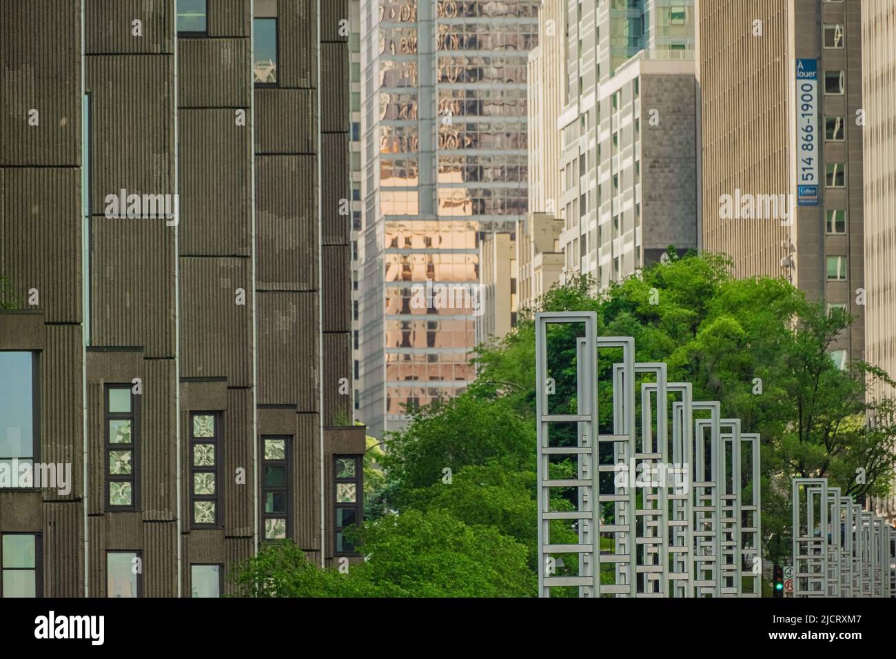 Reihen von Wolkenkratzern in einem Geschäftsviertel im Zentrum Nordamerikas. Alte Hochhäuser gibt es neben neueren. Stockfoto