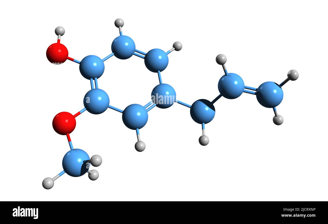 3D Bild der Skelettformel von Eugenol - molekulare chemische Struktur von Allylguaiacol isoliert auf weißem Hintergrund Stockfoto