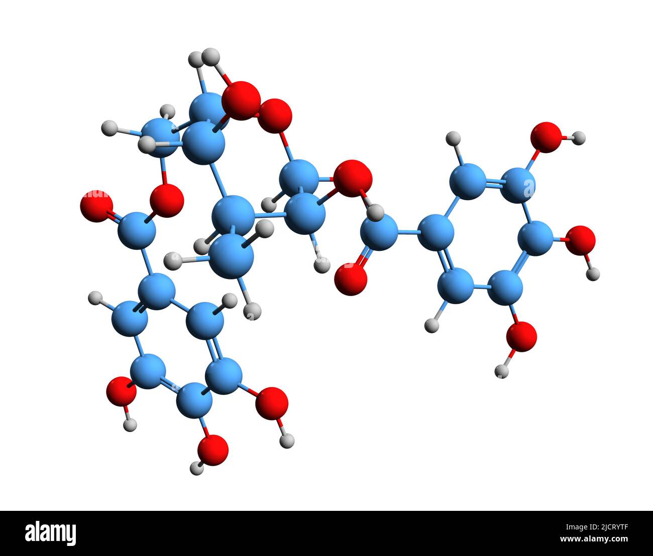 3D Aufnahme der 1,6-Digalloyl Glucose skeletalen Formel - molekularchemische Struktur von Gallotannin isoliert auf weißem Hintergrund Stockfoto