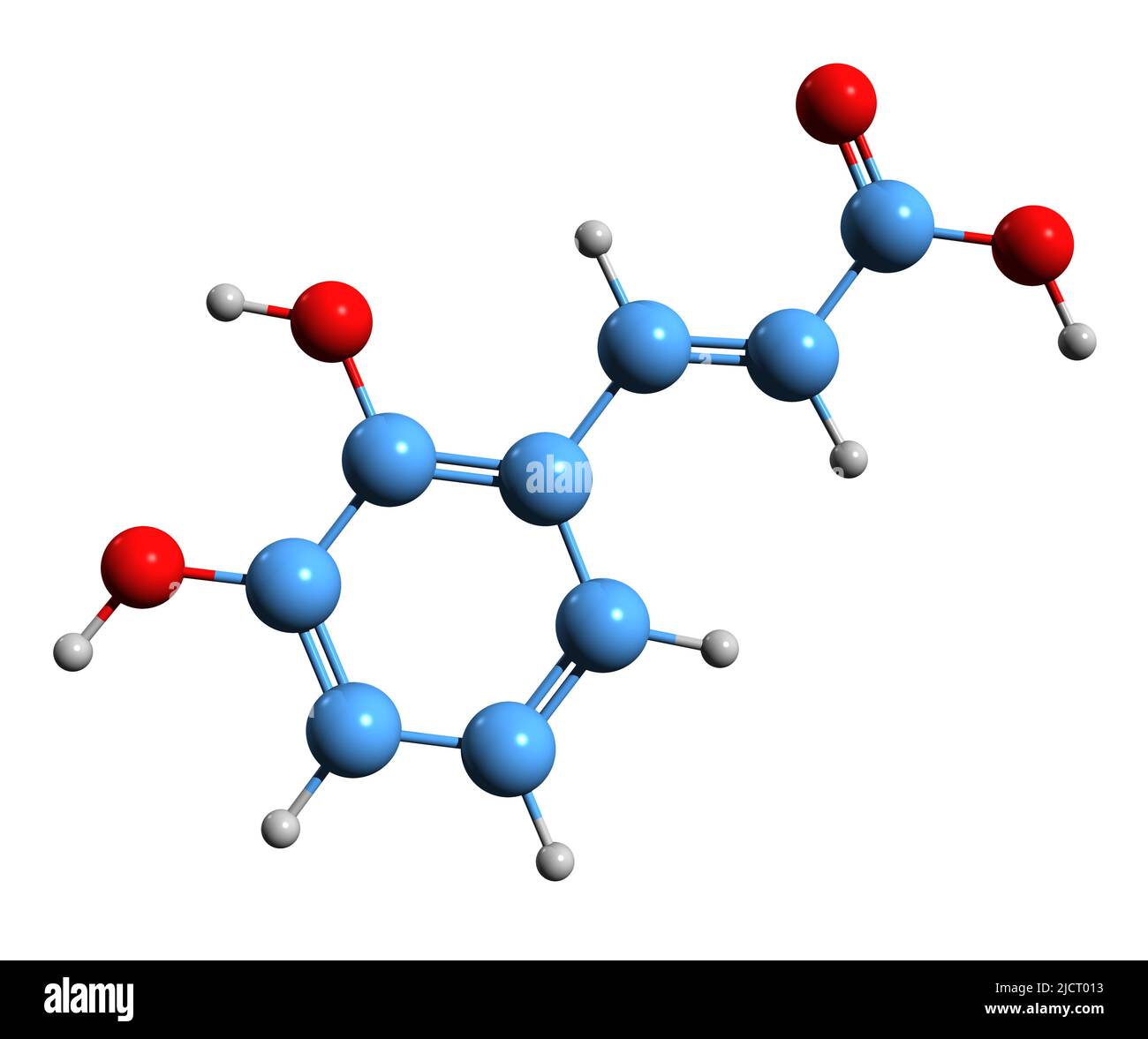 3D Bild der Skelettformel der 2 3-Dihydroxy-Zimtsäure - molekularchemische Struktur der auf weißem Hintergrund isolierten Hydroxycinnamic-Kaffeinsäure Stockfoto