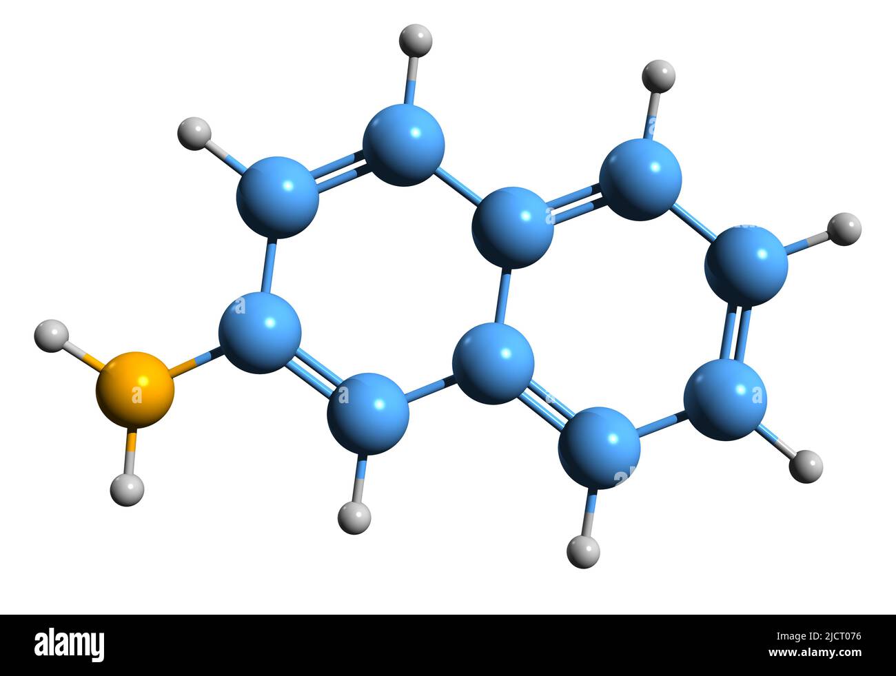 3D Aufnahme von 2-Naphthylamin Skelettformel - molekularchemische Struktur von Naphthalen-2-Amin isoliert auf weißem Hintergrund Stockfoto