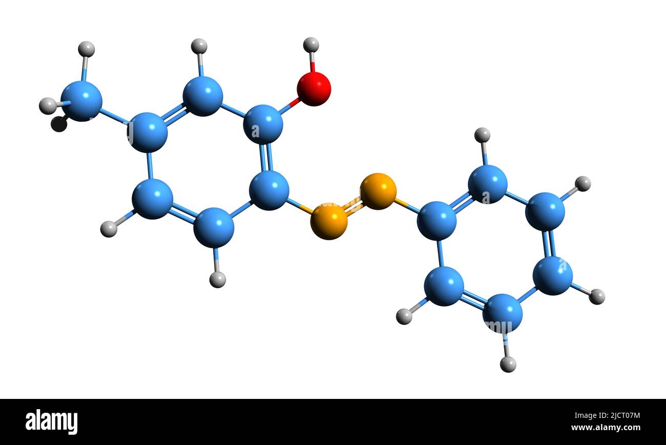 3D Aufnahme der Skelettformel 2-Hydroxy-4-Methylazobenzol - molekularchemische Struktur des Azofarbstoffs C13H12N2O auf weißem Hintergrund isoliert Stockfoto