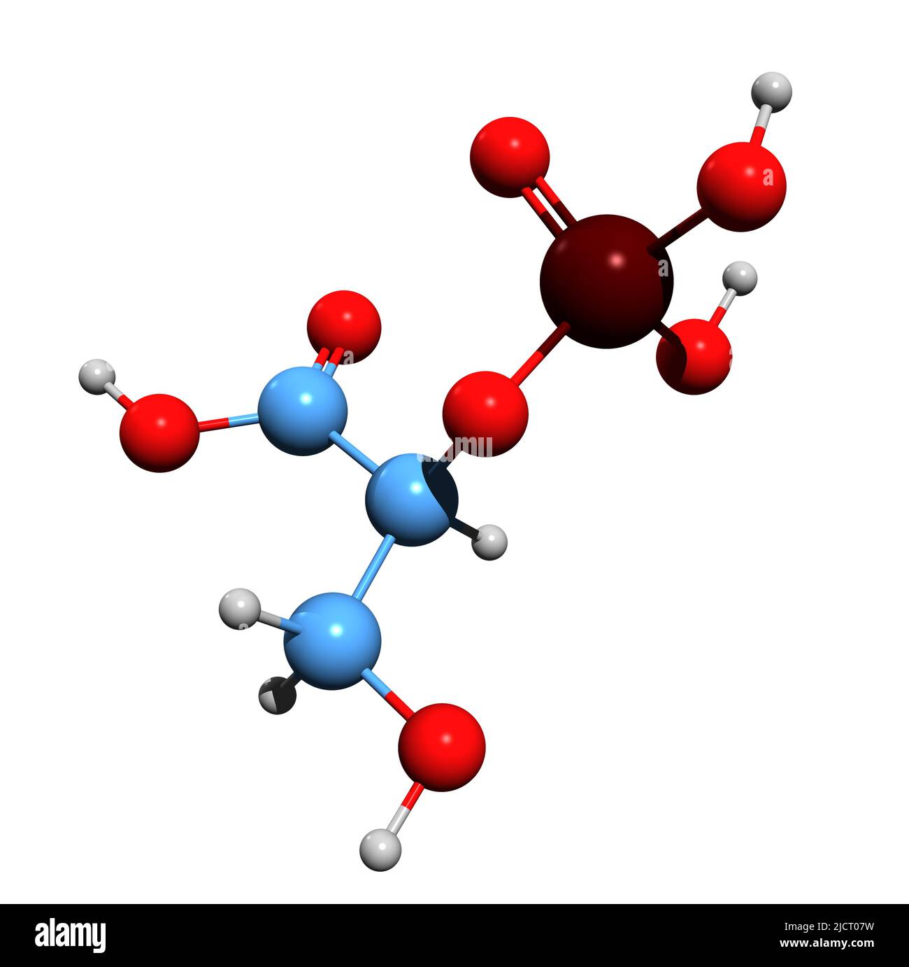 3D Aufnahme der Skelettformel mit 2-Phosphoglycerat - molekularchemische Struktur von 2PG isoliert auf weißem Hintergrund Stockfoto